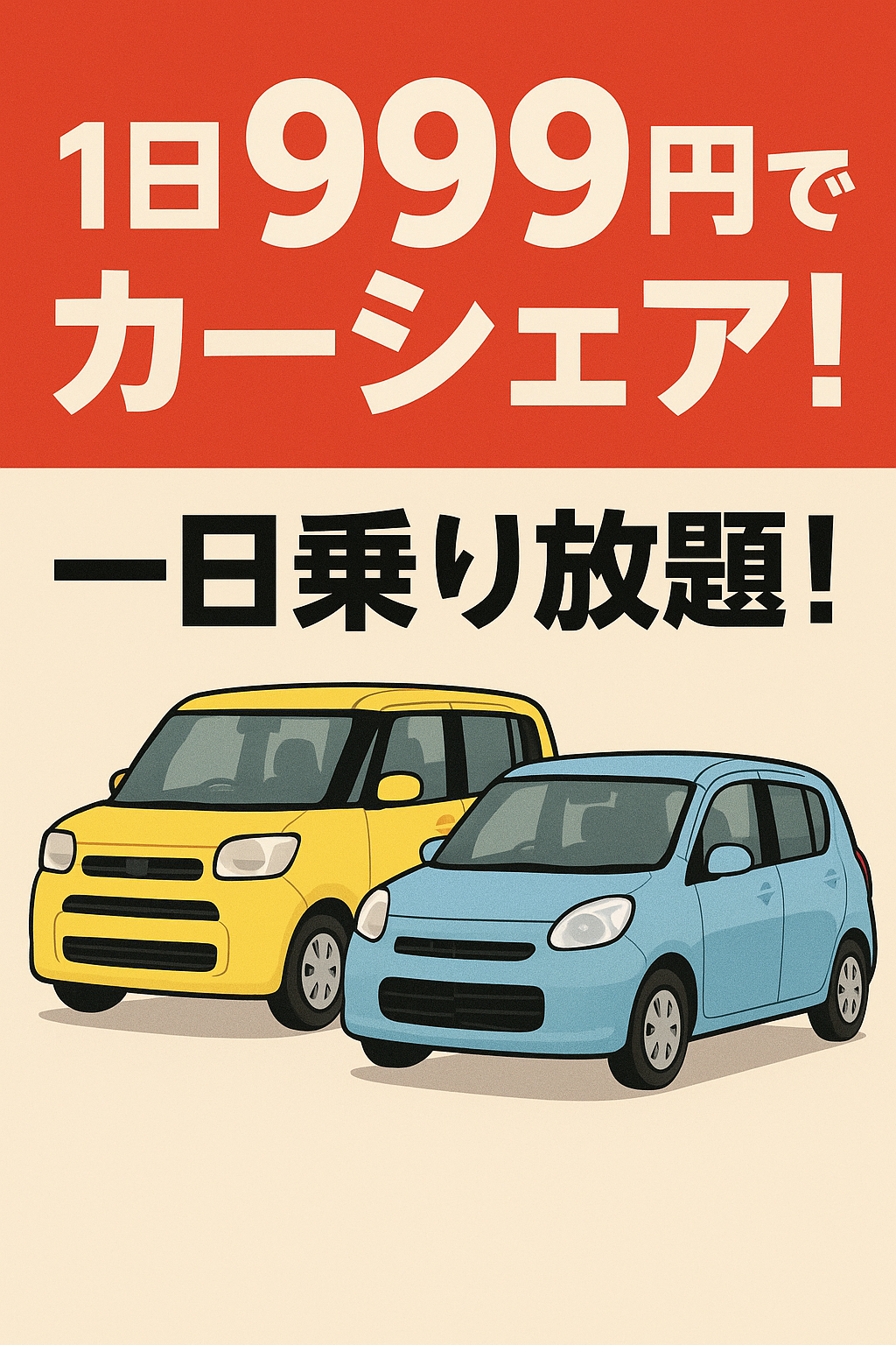1日999円で軽自動車が乗り放題！清掃、洗車、点検整備された車両になります。大人4人が楽々乗れます。  