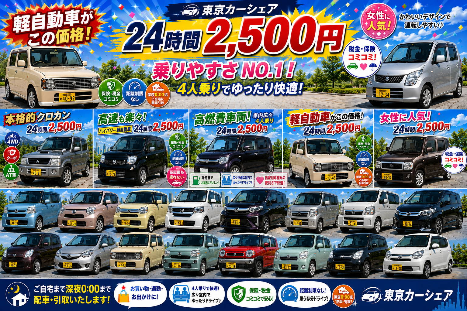 🚗✨本日空きあり!早い者勝ち✨ 軽自動車がなんと 24時間 2,500円! ✅ 税金・保険コミコミ ✅ 距離制限なし ✅ 4人乗りで使いやすい ✅ お買い物・通勤・お出かけに最適 ✅ ご自宅まで配車・引取りOK ✅ 深夜0:00まで対応! 「今すぐ車が必要!」 「安く借りたい!」 そんな方は東京カーシェアへ🚙 空き状況・ご予約は画像を押すだけでラインに繫がります。
