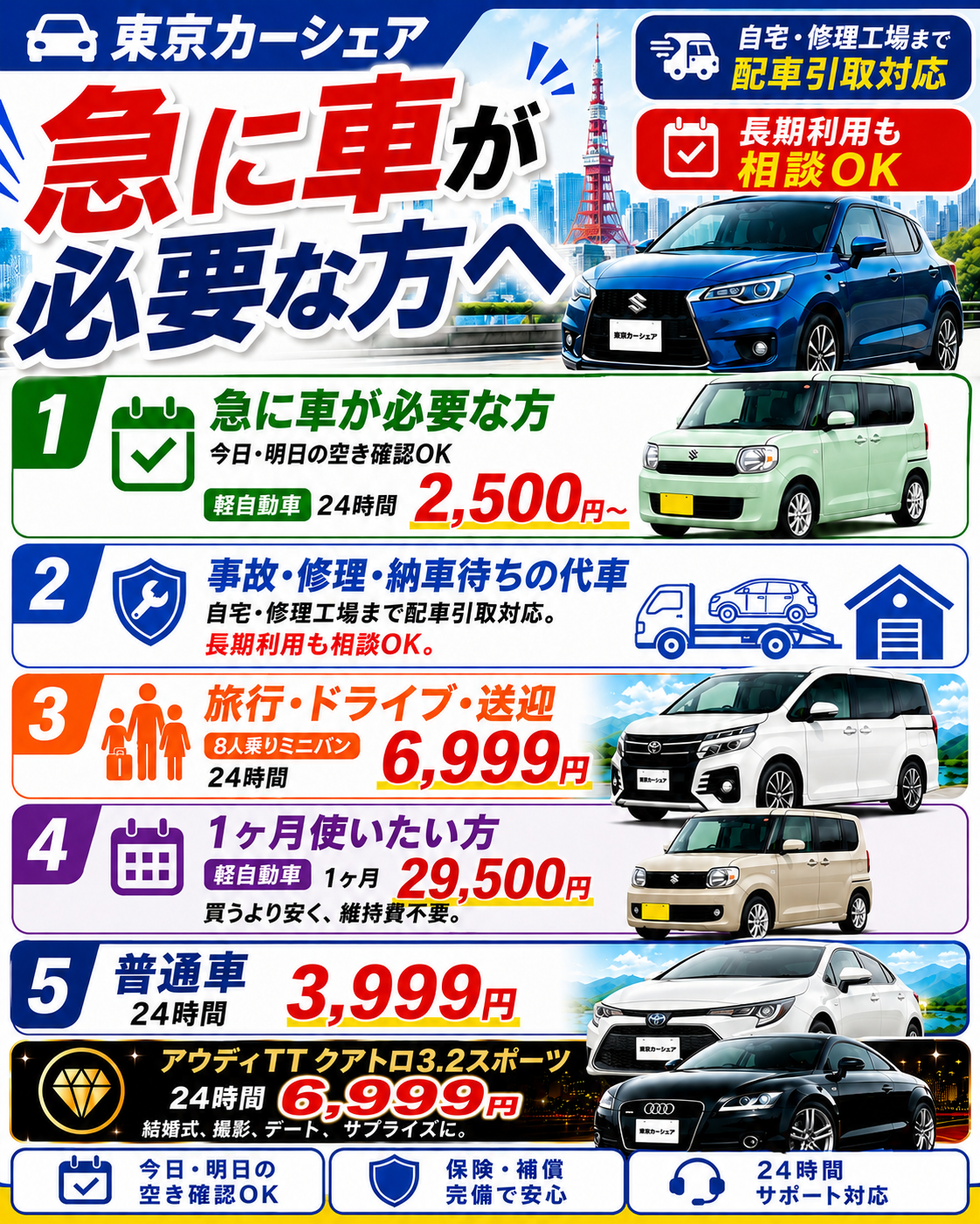 急に車が必要な方、レンタカーご希望の方、今日、明日、ご予定日のご予約、お問い合わせが可能です。画像をクリックし、【空き車両確認】とご入力く頂くだけで、こちらよりご案内い致します。